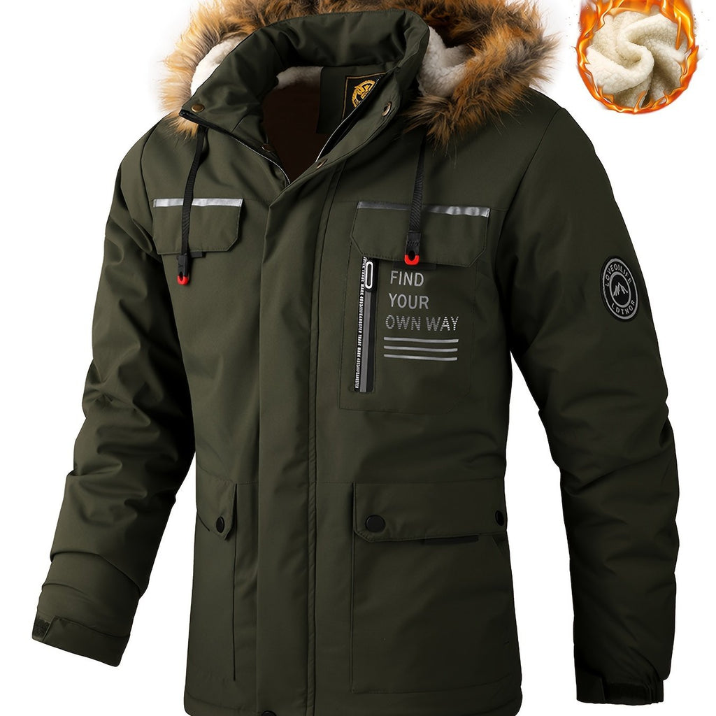 Men'S Winter Windbreaker Jacket with Warm Hood - Maroon Zip-Up Outdoor Coat, Stand Collar, Multiple Pockets, Casual Sporty Design for Cold Weather, Winter Jacket