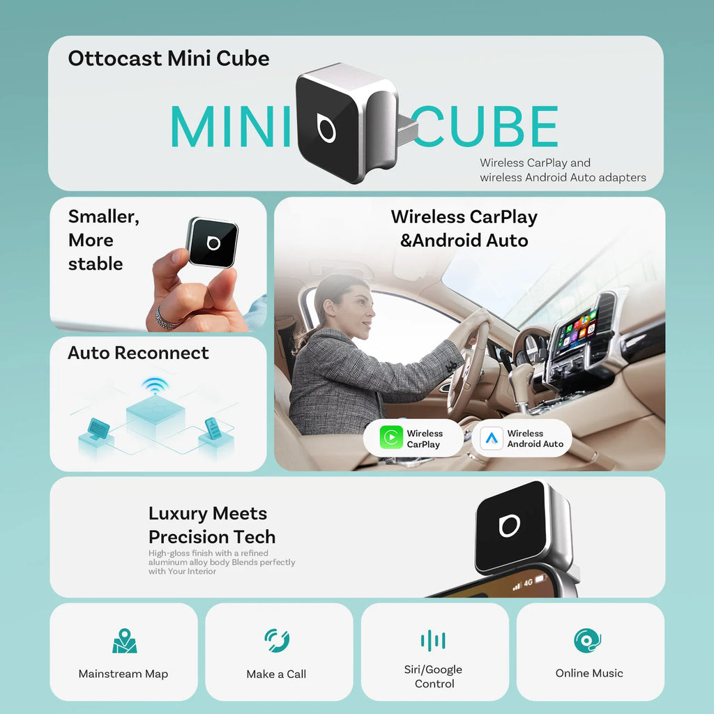 2025 Ottocast Mini SLIM Wireless CarPlay Android Auto Adapter for iPhone Android Phone Smallest 2 IN 1 USB Dongle Fast Connect