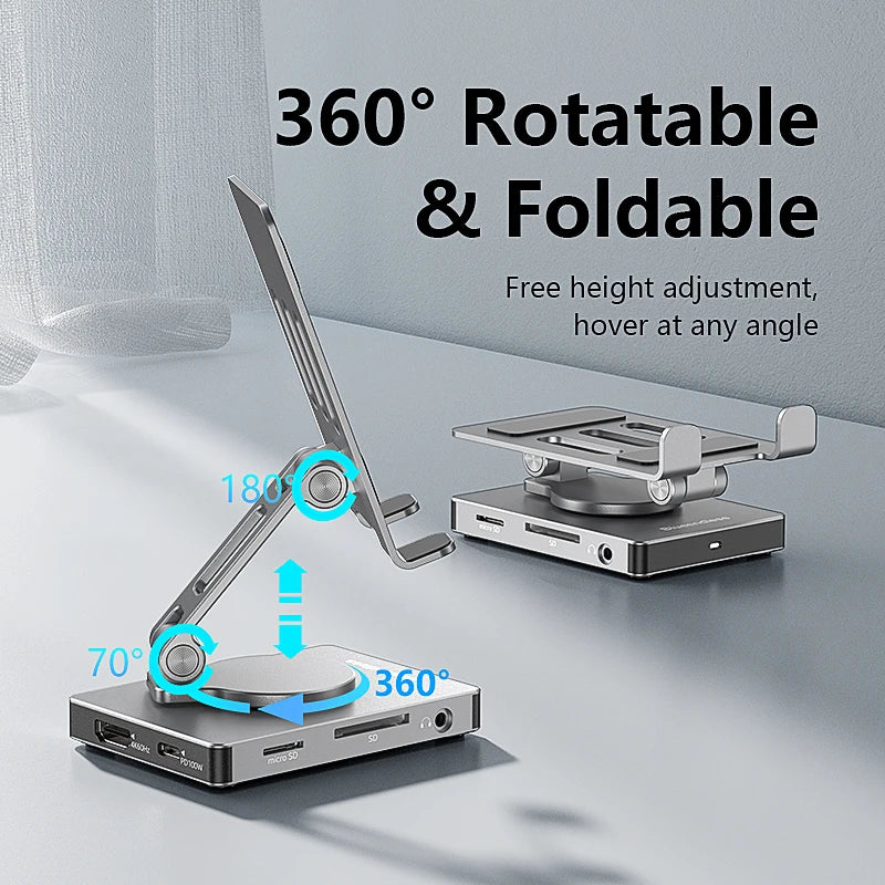 Adjustable Height Mobile Phone Holder Stand 8In1 8 Port 8 In 1 Multiport USB-C USB C Hub Type C to USB3.0 4K HDTV PD Adapter Hub