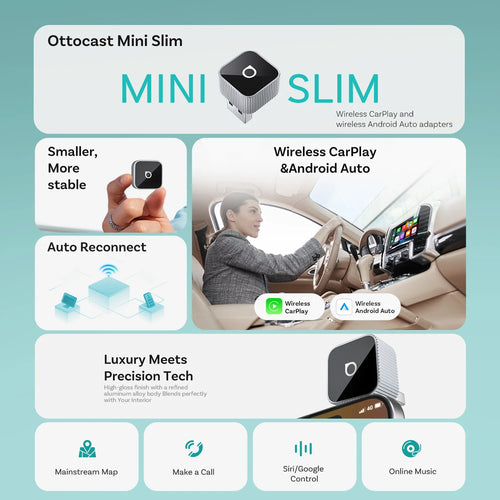 2025 Ottocast Mini SLIM Wireless CarPlay Android Auto Adapter for iPhone Android Phone Smallest 2 IN 1 USB Dongle Fast Connect