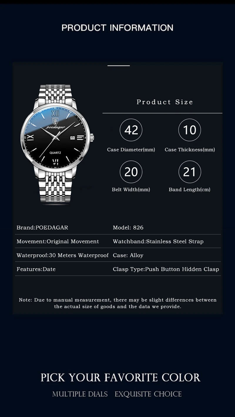 POEDAGAR Luxury Casual Men's Wristwatch Sports Stainless Steel Waterproof Date Man Watch High Quality Fashion Quartz Men Watches