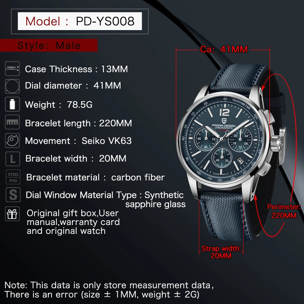PAGANI DESIGN 2026 New Luxury Fashion Casual Men Quartz Watches VK63 100M Water Resistant Sapphire Glass Stainless Steel Watches