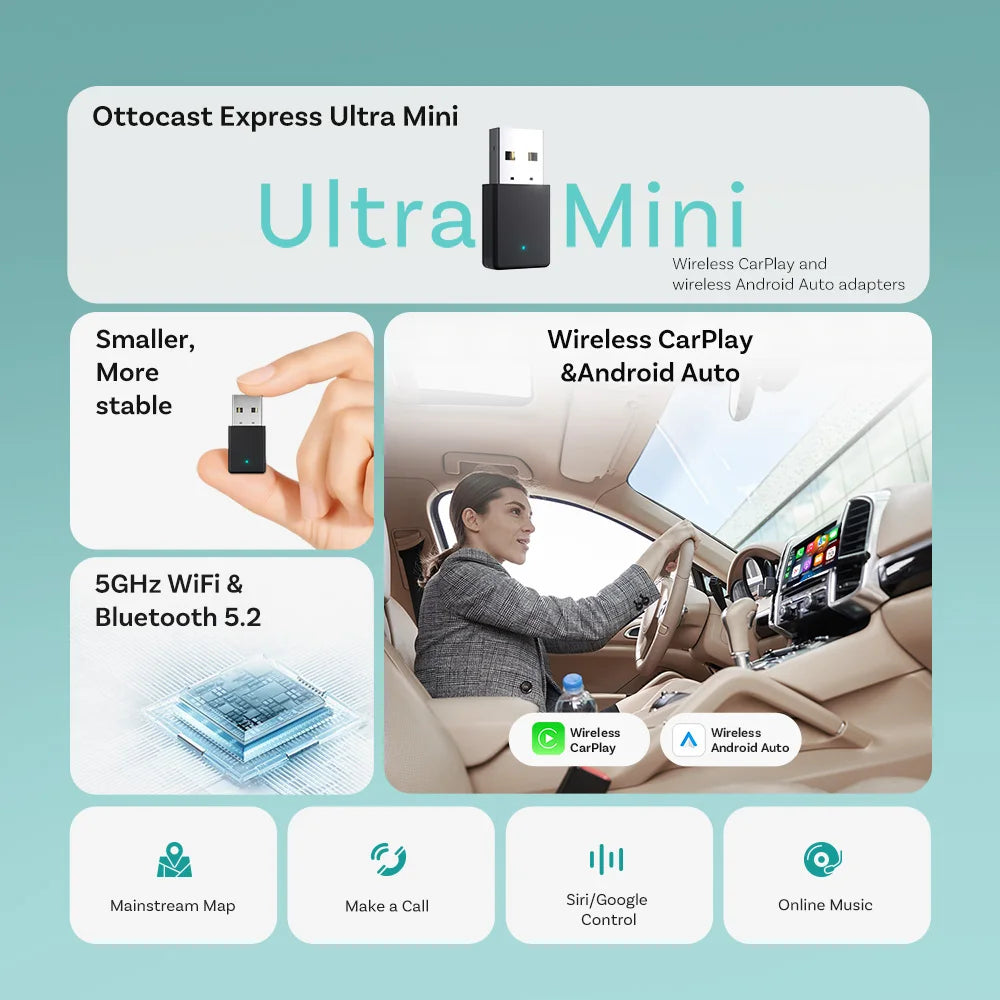 2025 Ottocast Mini SLIM Wireless CarPlay Android Auto Adapter for iPhone Android Phone Smallest 2 IN 1 USB Dongle Fast Connect
