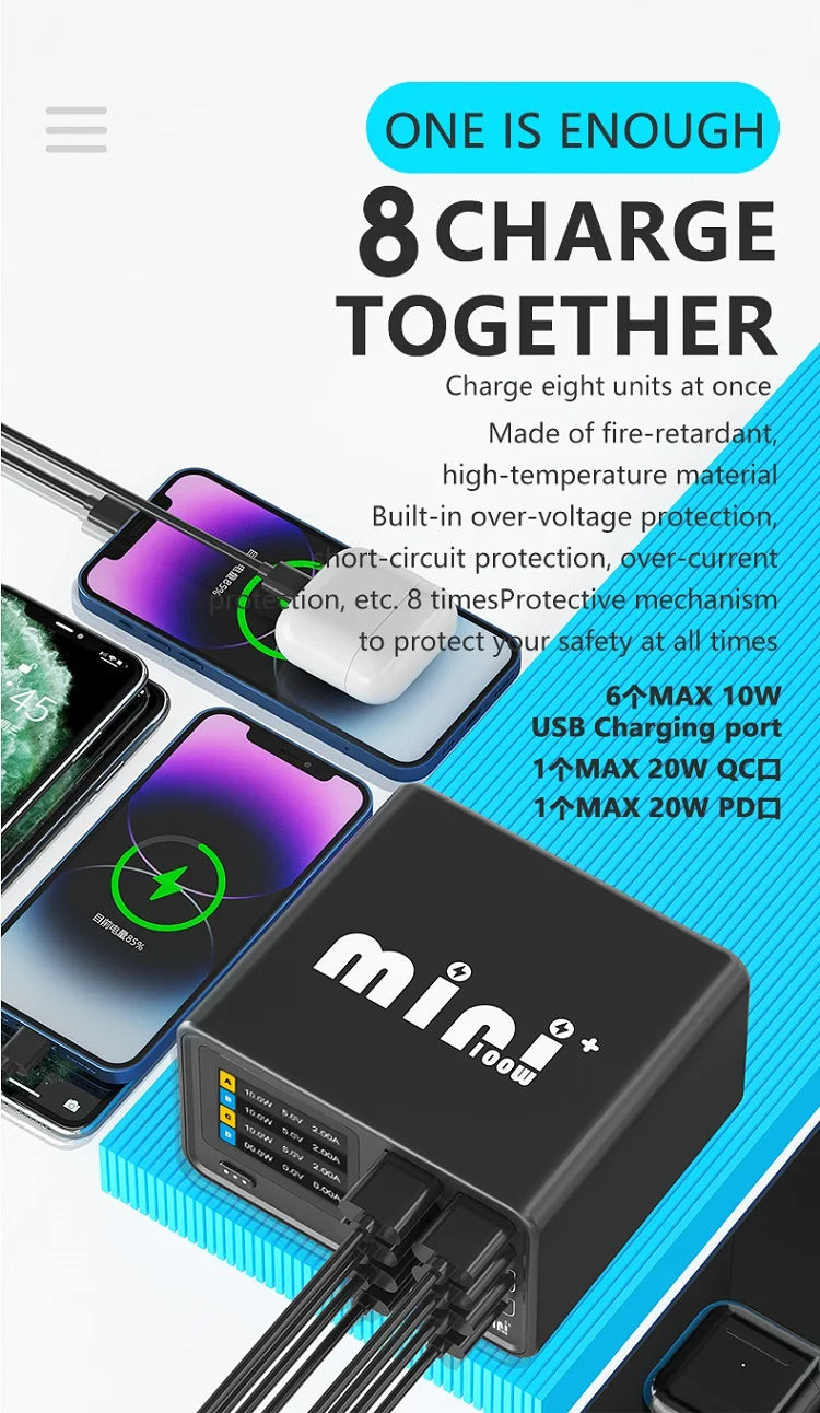 Premium Quality DianBa mini SB C Fast Charger Upoy 100W GaN 8 Port Wirelesss Charging Station Hub Block Cube for iPad iPhone 16