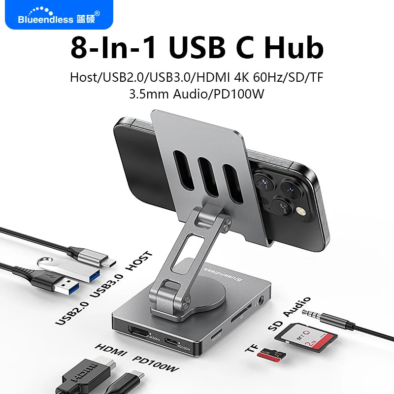 Adjustable Height Mobile Phone Holder Stand 8In1 8 Port 8 In 1 Multiport USB-C USB C Hub Type C to USB3.0 4K HDTV PD Adapter Hub