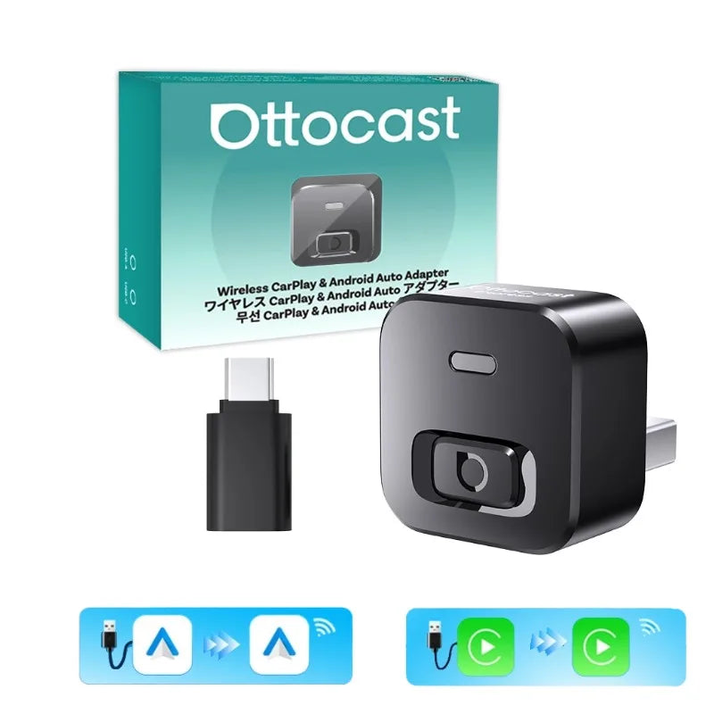 2025 Ottocast Mini SLIM Wireless CarPlay Android Auto Adapter for iPhone Android Phone Smallest 2 IN 1 USB Dongle Fast Connect